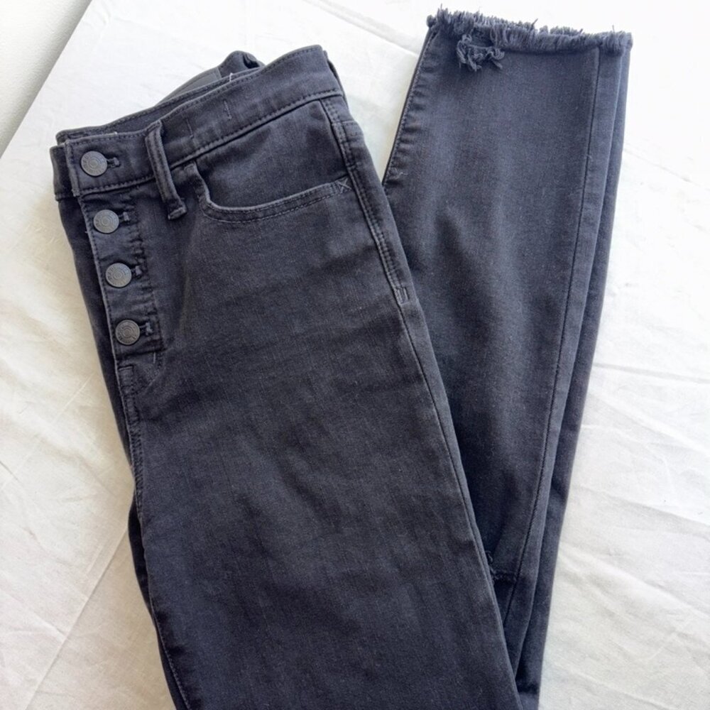 Madewell 10” High Rise Jeggings Black Button Fly Fray Holey Knee Size 28